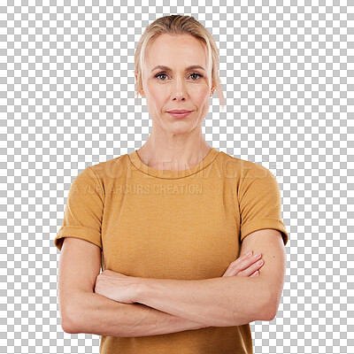 Buy stock photo Isolated woman, arms crossed and serious in portrait for confidence by transparent png background. Girl, person and face for management, power or lady in small business with style, fashion or clothes