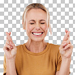 Woman, fingers crossed and hope in studio, pink background and smile face. Female model wish for luck with hands of bonus, promotion and winning giveaway for emoji sign, competition prize and lottery