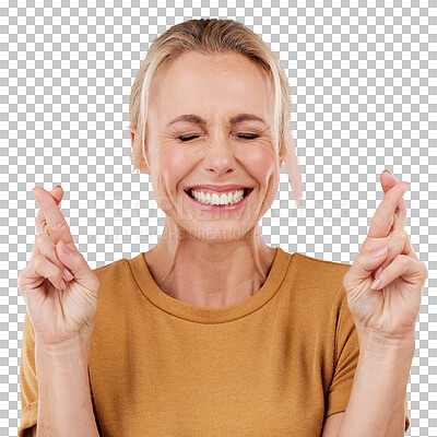 Buy stock photo Isolated woman, cross fingers or hope with excited smile, wish or eyes closed by transparent png background. Girl, sign or emoji for thinking, idea or good luck in competition, lotto results or prize