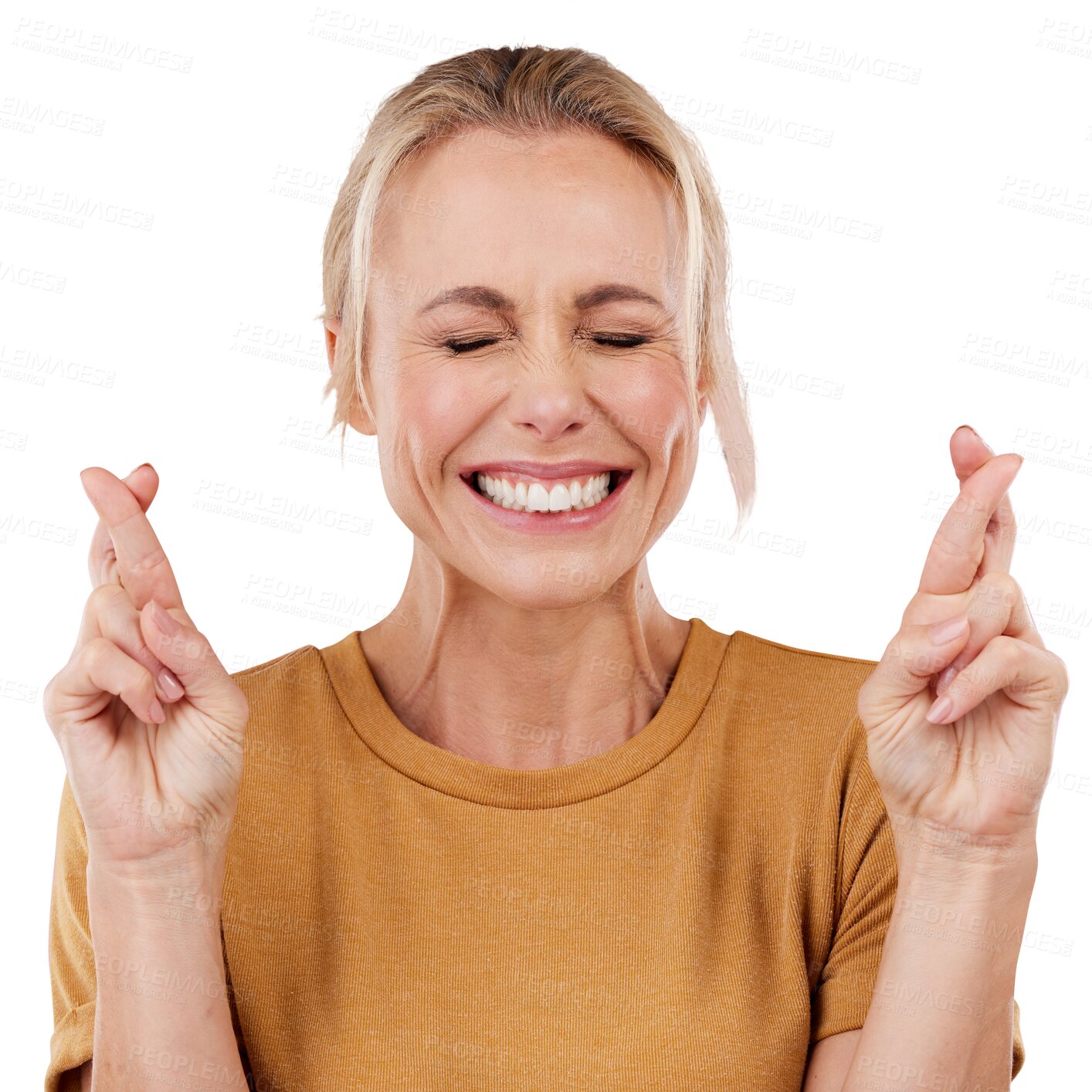 Buy stock photo Isolated woman, cross fingers or hope with excited smile, wish or eyes closed by transparent png background. Girl, sign or emoji for thinking, idea or good luck in competition, lotto results or prize