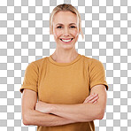 Happy, smile and portrait of a woman in studio standing with crossed arms for confidence. Happiness, excited and female model from Canada with positive, optimistic and good mindset by pink background