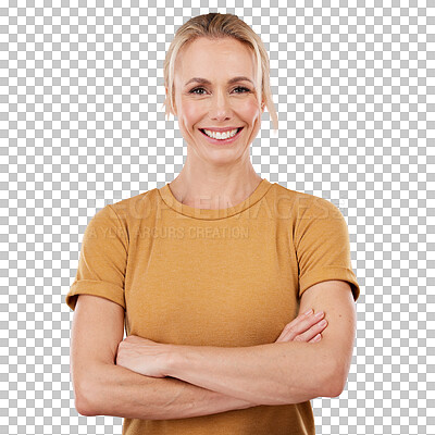 Buy stock photo Isolated woman, arms crossed and smile in portrait with confidence by transparent png background. Girl, person and small business owner at startup, happy and trendy with style, fashion and clothes