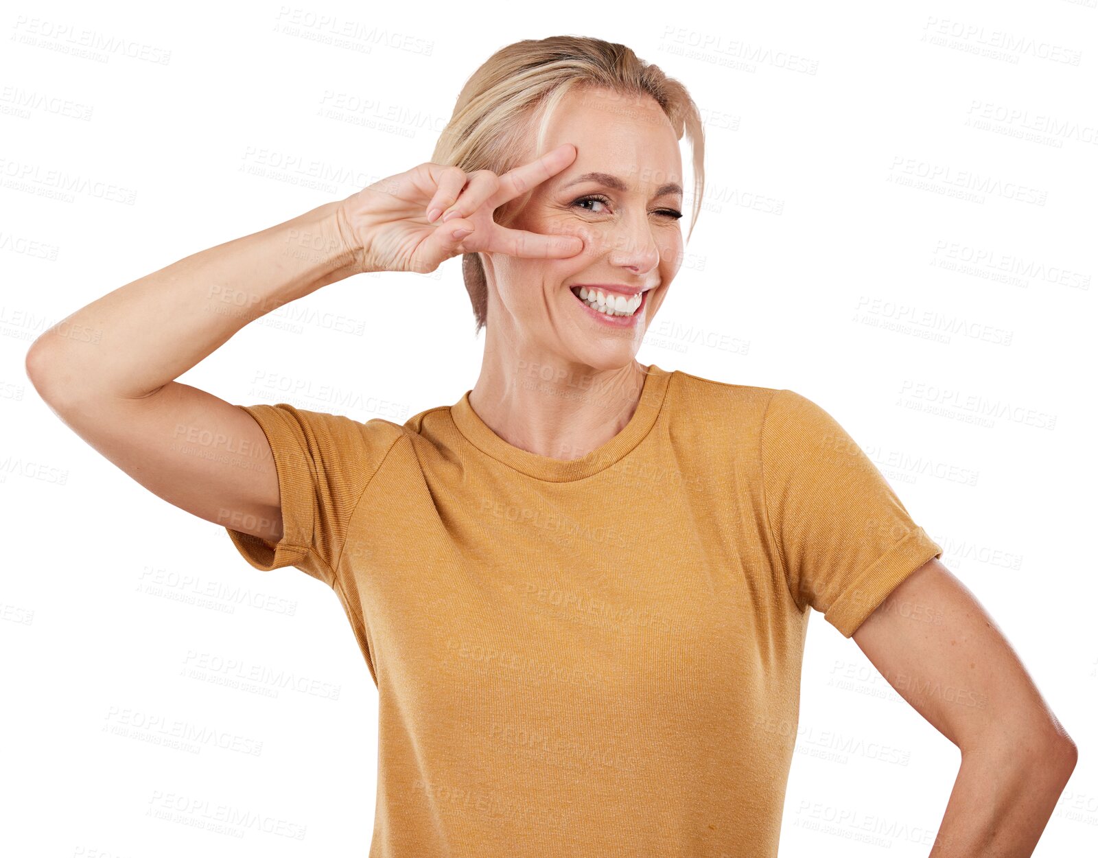 Buy stock photo Peace, sign and portrait of woman with hand, smile and pose in transparent, isolated or png background. Happy, face and wink emoji of lady and fun, freedom mood with confidence, pride and fashion