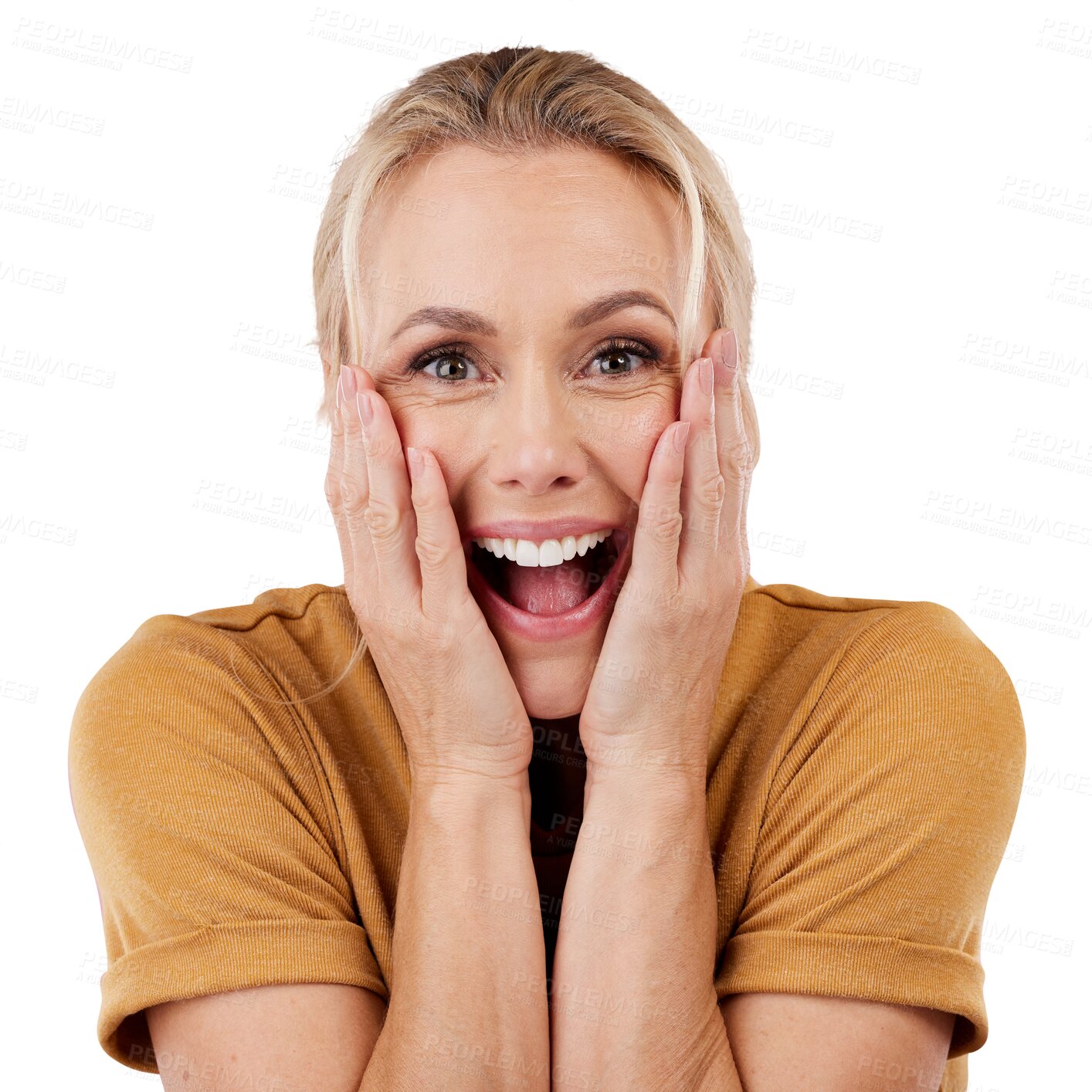 Buy stock photo Portrait, happy woman and hands with surprise, announcement or deal of news. Mature, female model and face with gesture, excited emoji and isolated on transparent png background with wow, omg or joy