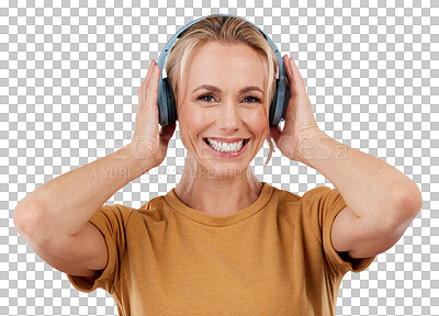 Headphones, woman and portrait on pink background, wall backdrop or studio mockup. Happy female model listening to music, sound media and streaming audio connection, face and hearing podcast on radio