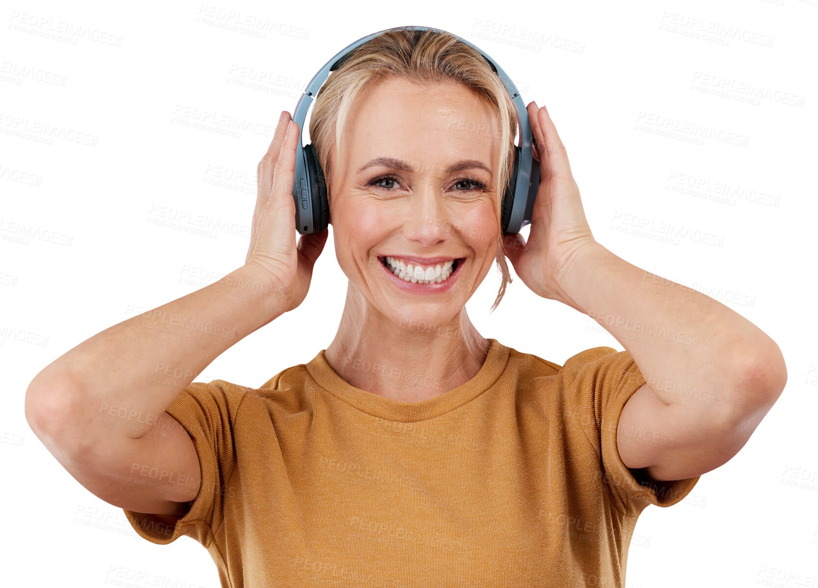 Buy stock photo Woman, portrait and headphones music for listen fun, isolated on transparent png background. Female model, face and person hearing album track or radio streaming, sound audio or song playlist