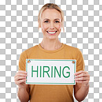 Woman, hiring sign and studio portrait, announcement or human resources on pink background. Happy female model advertising job hire, opportunity and signage for recruitment, work application or offer