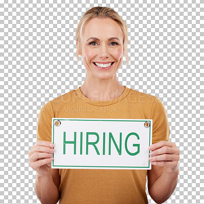 Buy stock photo Isolated woman, hiring and poster in portrait with smile for onboarding by transparent png background. Manager, person and human resources with sign for talent recruitment drive with opportunity