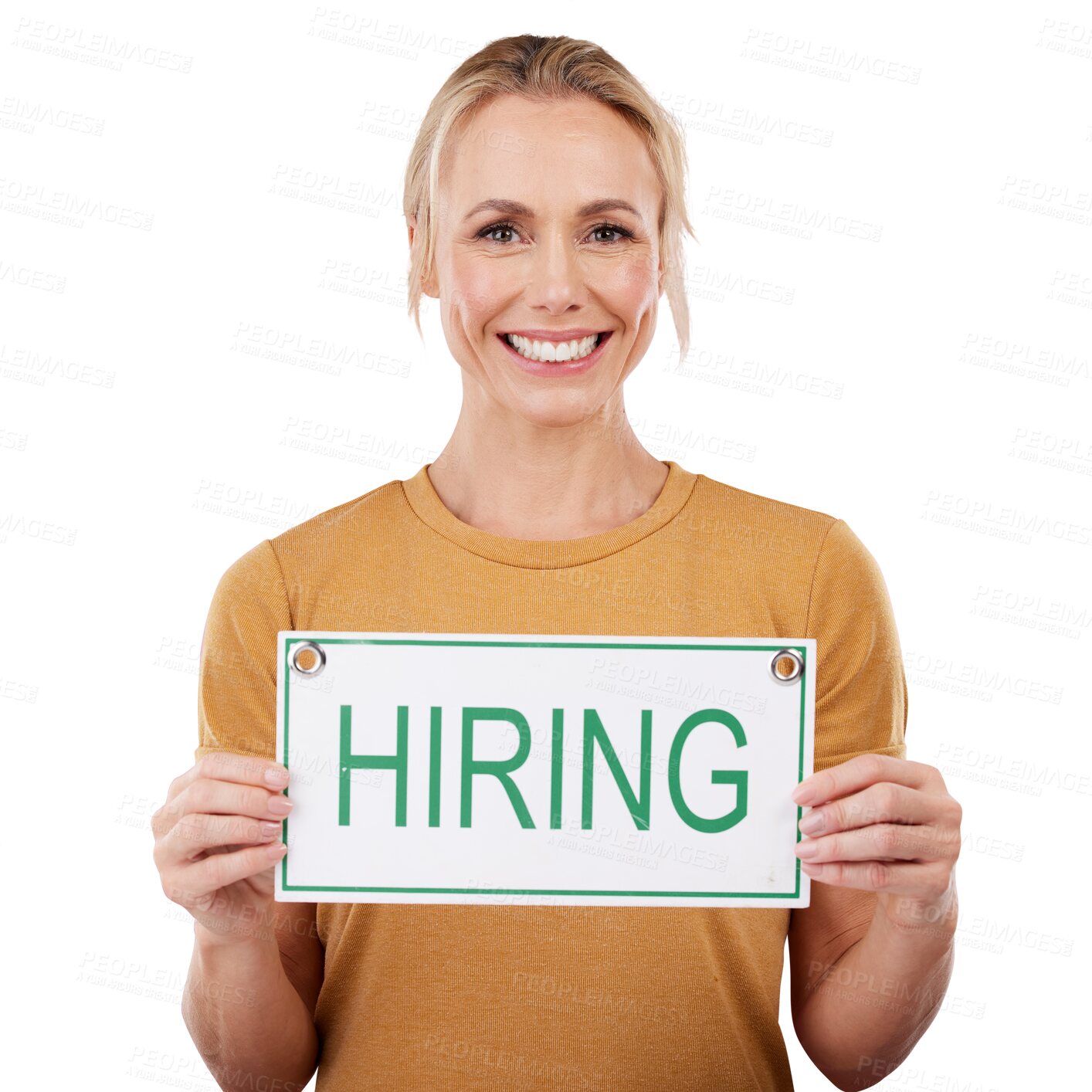 Buy stock photo Isolated woman, hiring and poster in portrait with smile for onboarding by transparent png background. Manager, person and human resources with sign for talent recruitment drive with opportunity