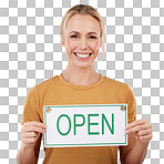 Woman, open sign and portrait in studio, announcement or welcome on pink background. Happy female model advertising opening poster, signage and marketing information of excited news, service or smile