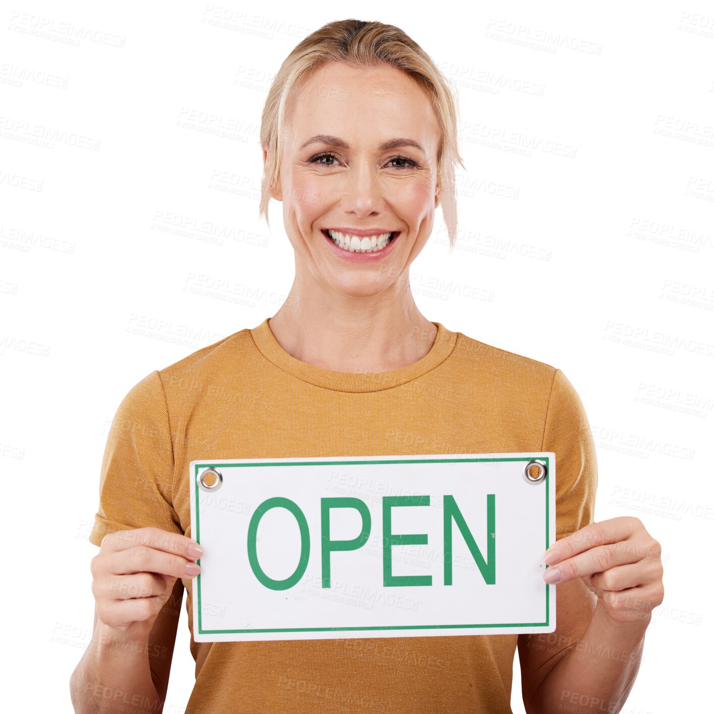 Buy stock photo Portrait, happy woman and holding of open sign for welcome, small business or startup. Mature, female entrepreneur and smile with excited emoji on isolated or transparent png background with poster