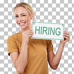 Hiring, sign and portrait of a woman for recruitment, job search and advertising opportunity. Smile of a happy business person with a poster for recruiting and human resources on a pink background