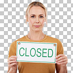 Closed sign, portrait and woman with a small business in a studio with a board for announcement. Professional, entrepreneur and female employee with poster for her company or work by pink background.