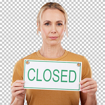 Buy stock photo Portrait, woman or owner for closed sign for small business for show, marketing or advertising. Mature, female entrepreneur and serious poster on isolated or transparent png background announcement