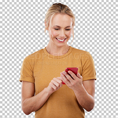 Buy stock photo Isolated woman, phone and texting with smile, click and reading for contact by transparent png background. Girl, smartphone and happy with app to check notification, web blog or social network update