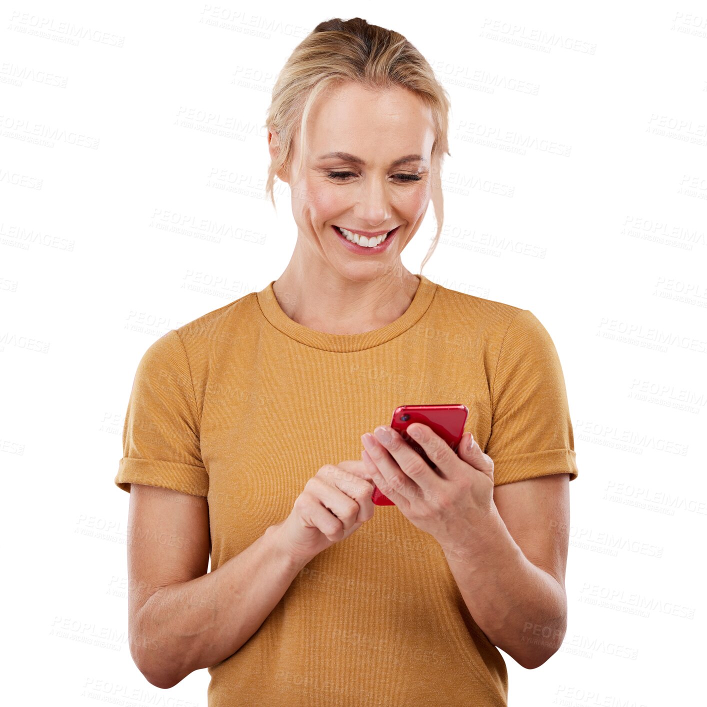 Buy stock photo Isolated woman, phone and texting with smile, click and reading for contact by transparent png background. Girl, smartphone and happy with app to check notification, web blog or social network update