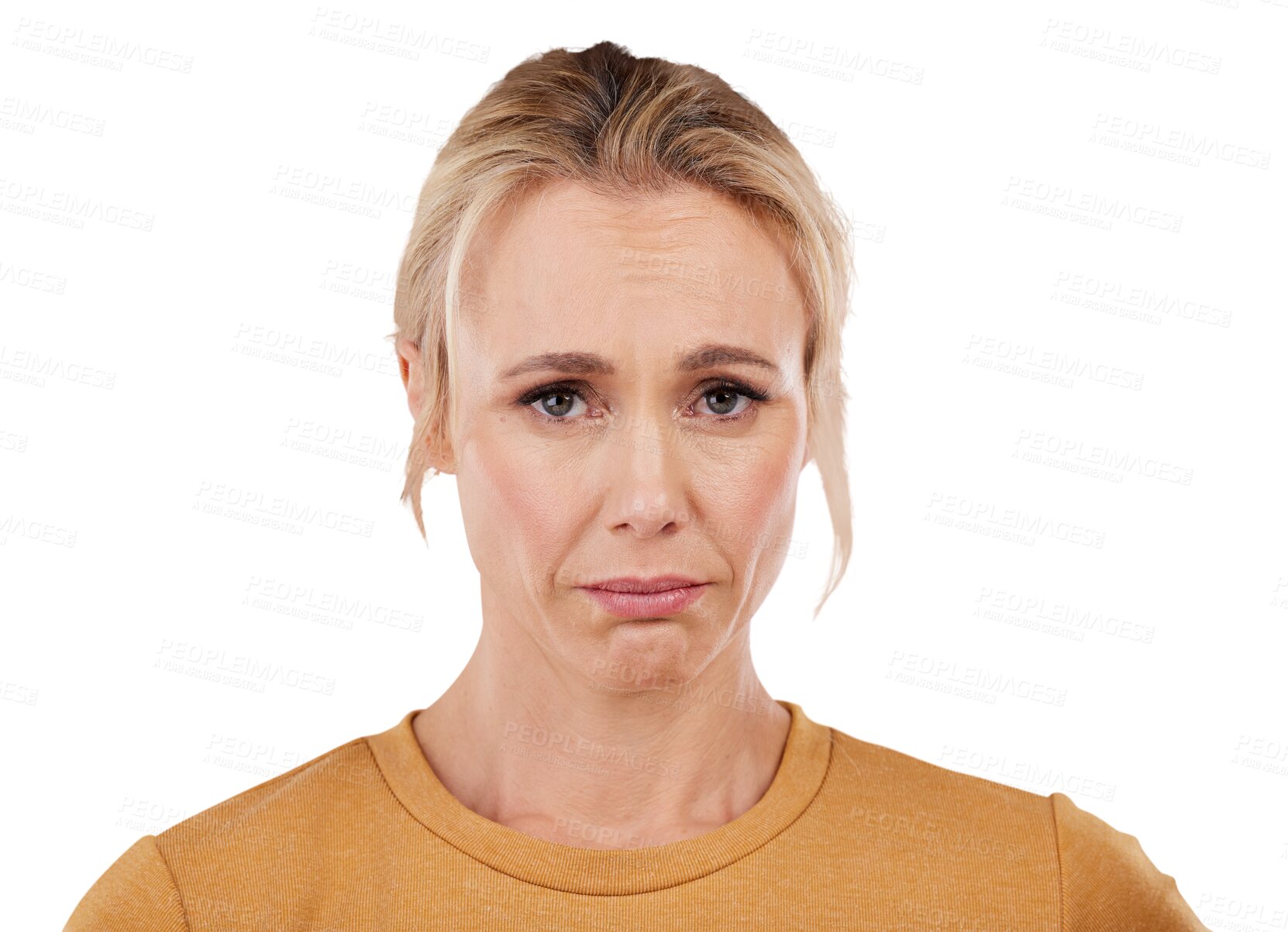 Buy stock photo Portrait, sad or depression with a woman isolated on a transparent background feeling alone or unhappy. Face, mental health or heartbreak and a person on PNG in pain for grief or loss with emotion