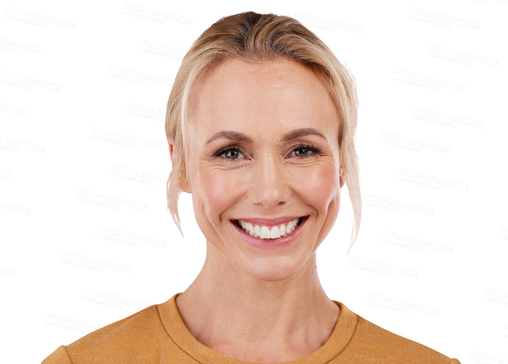 Buy stock photo Mature woman, smile and portrait of a female model, beauty and isolated on transparent png background. Happy person, face and confident for wellness, beauty and cosmetics or fashion, fresh and care