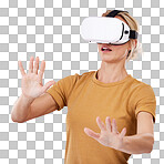 Scared woman, vr glasses and metaverse for future technology, gaming and digital transformation. Person with fear for virtual reality, 3d and cyber worl experience with ai headset on pink background