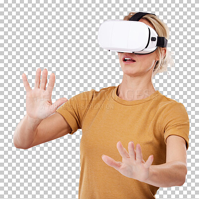 Scared woman, vr glasses and metaverse for future technology, gaming and digital transformation. Person with fear for virtual reality, 3d and cyber worl experience with ai headset on pink background