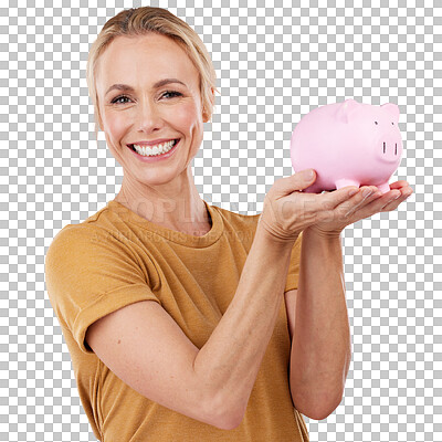 Buy stock photo Isolated woman, piggy bank and smile in portrait for savings, money and finance by transparent png background. Girl, budgetl container and happy for cash, investment and increase wealth with security