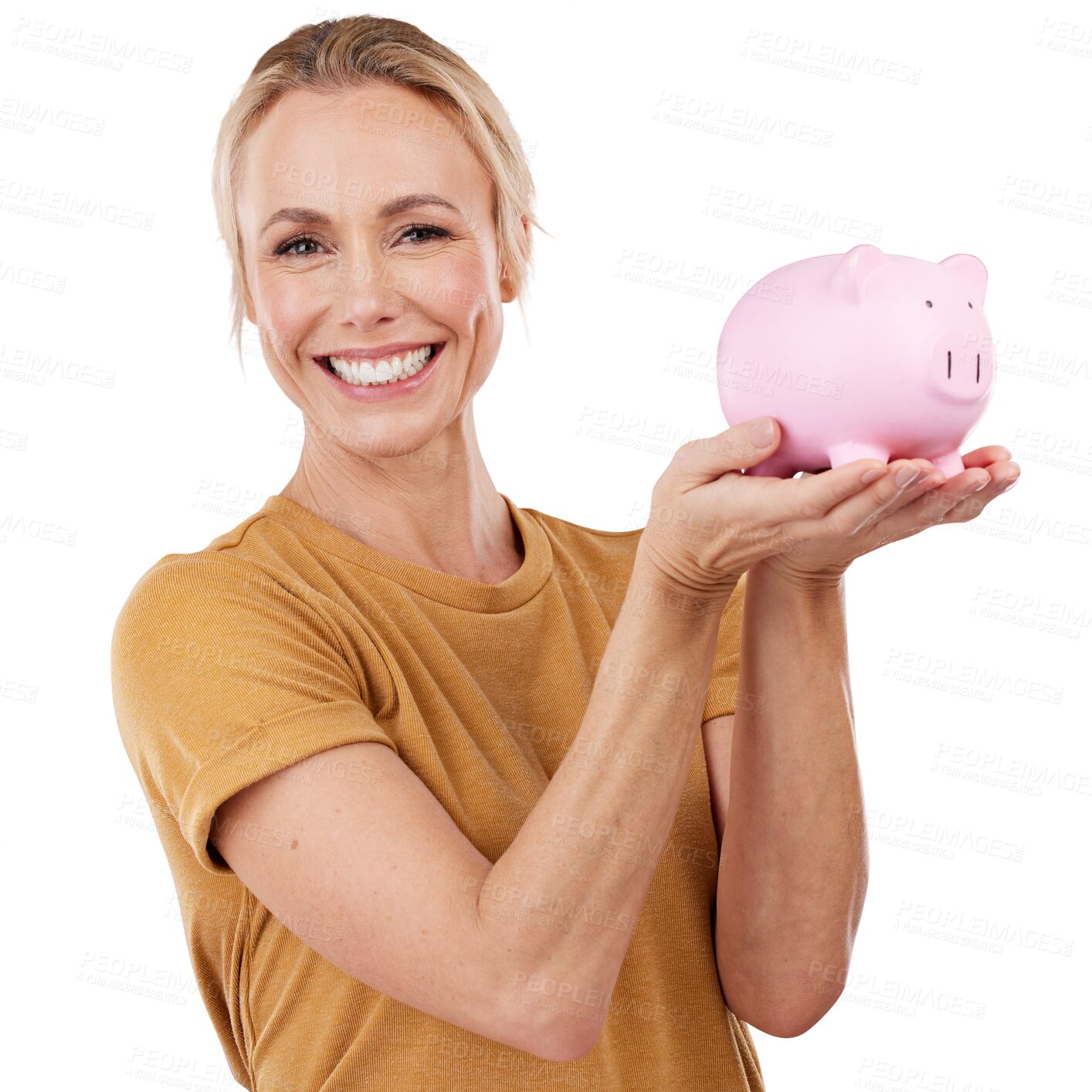 Buy stock photo Isolated woman, piggy bank and smile in portrait for savings, money and finance by transparent png background. Girl, budgetl container and happy for cash, investment and increase wealth with security