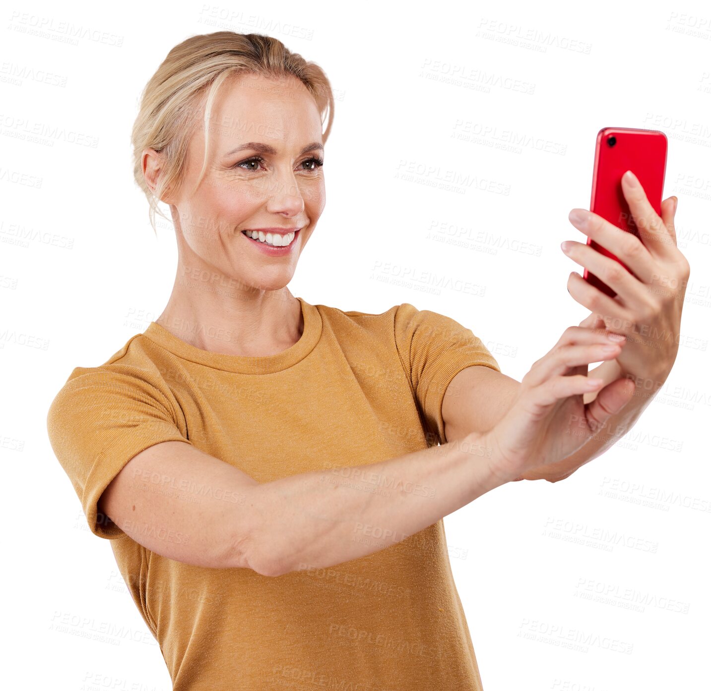 Buy stock photo Isolated woman, selfie and smile for blog memory or thinking on mobile web by transparent png background. Influencer girl, smartphone or happy on app as profile picture, photography or social network