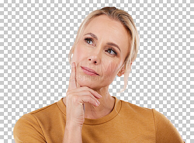 Buy stock photo Woman, thinking and confused with ideas, decision and creativity isolated on a transparent background. Happy person, model and lady with doubt, png and future with planning, choice and questions