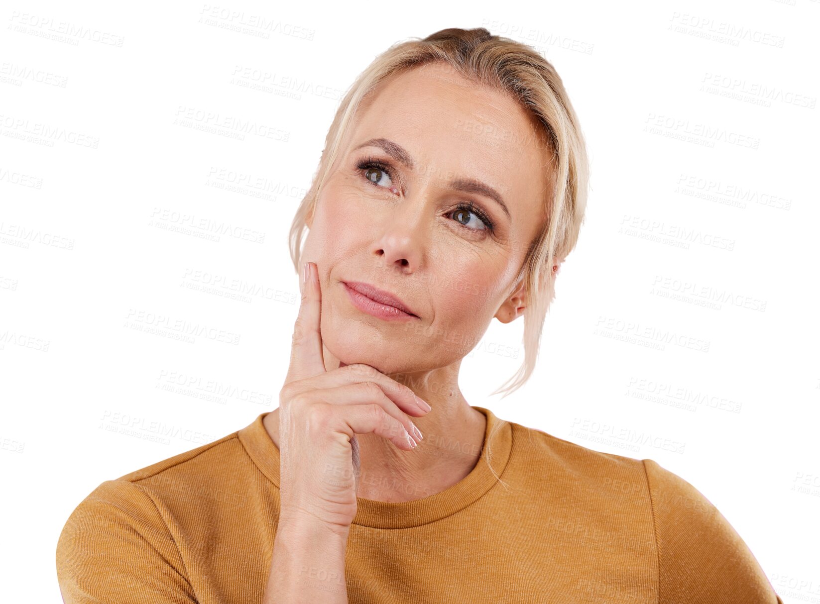 Buy stock photo Woman, thinking and confused with ideas, decision and creativity isolated on a transparent background. Happy person, model and lady with doubt, png and future with planning, choice and questions