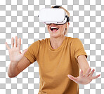 Excited woman, vr glasses and metaverse for future technology, gaming and digital transformation. Person with wow virtual reality, 3d and cyber world experience with ai headset on pink background