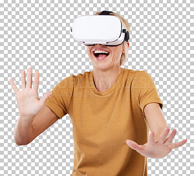 Buy stock photo Isolated woman, vr and glasses with hands, wow and smile in metaverse by transparent png background. Girl, augmented reality vision or 3d user experience for gaming, fantasy or future iot electronics