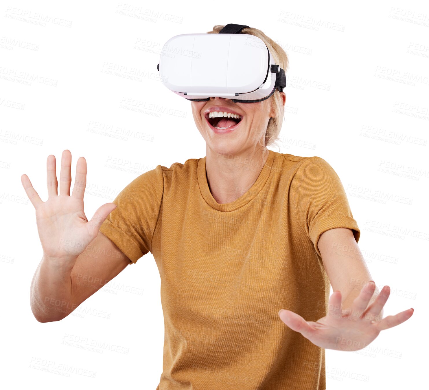 Buy stock photo Isolated woman, vr and glasses with hands, wow and smile in metaverse by transparent png background. Girl, augmented reality vision or 3d user experience for gaming, fantasy or future iot electronics