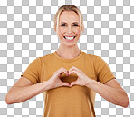 Heart, hands and portrait of woman on pink background, studio and color backdrop with emoji, care and kindness. Happy female model with finger shape for love, thank you and smile in support of peace