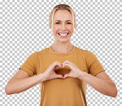 Buy stock photo Portrait, heart hands or happy woman with smile or peace isolated on a transparent png background. Confidence, support sign or face of a person with love emoji, icon or symbol for hope or wellness