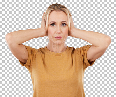 Stress, loud and portrait of a woman with a problem isolated on a pink background in a studio. Sound, frustrated and mature person covering and blocking ears from noise for silence on a backdrop