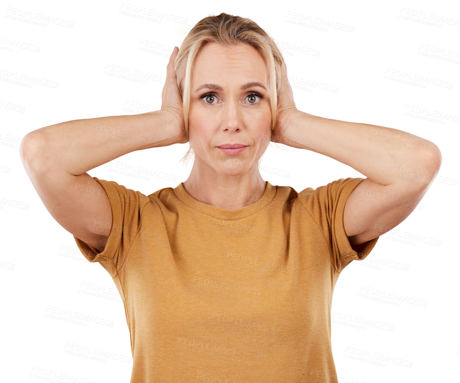 Buy stock photo Isolated woman, cover ears or portrait to stop noise, sound or hearing by transparent png background. Person, hands or no listening to gossip, story or deaf to audio information, anxiety or complaint