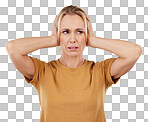 Loud, studio and woman closing her ears in a studio for noise distraction, sound or complaint. Upset, mad and annoyed female model with a hands on her head for cover isolated by a pink background.