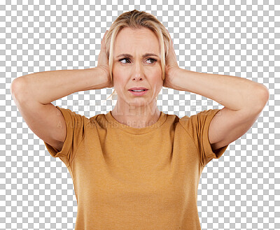 Buy stock photo Isolated woman, hands cover ears and stop noise, sound or hearing by transparent png background. Person, thinking or no listening to gossip, story or deaf to audio information, anxiety or complaint