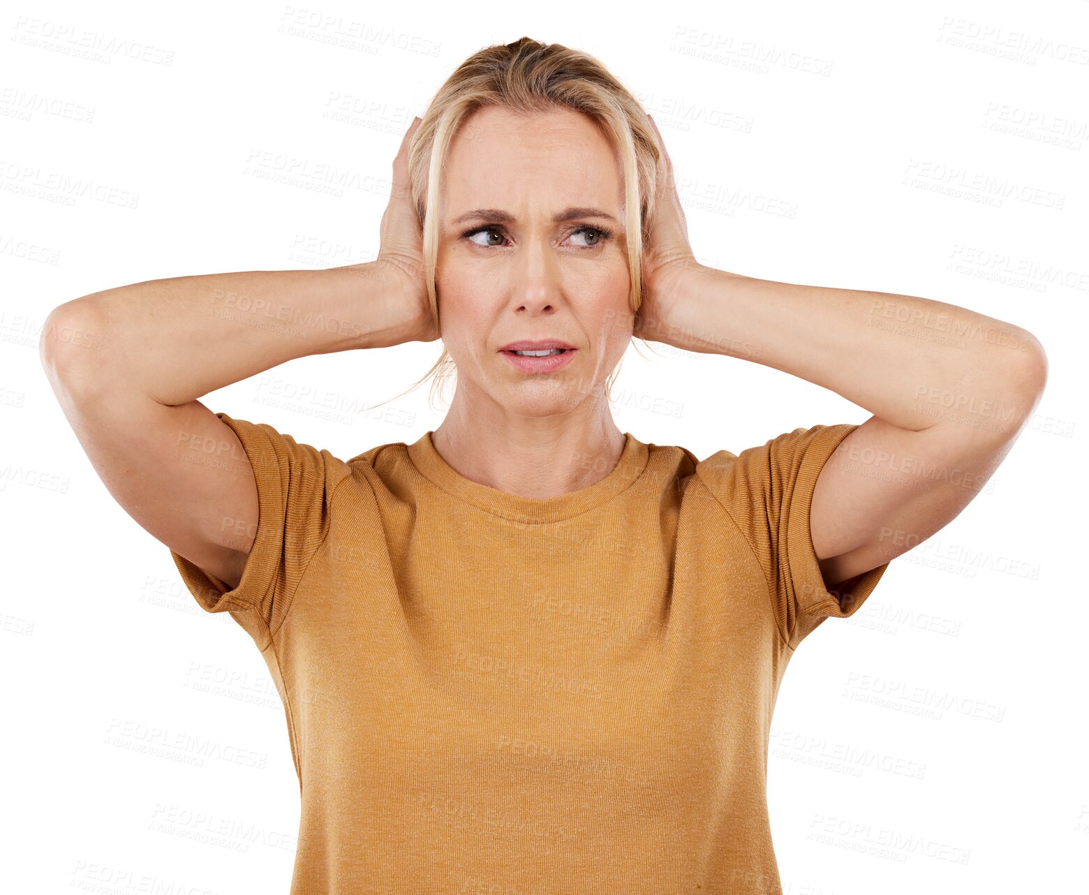 Buy stock photo Isolated woman, hands cover ears and stop noise, sound or hearing by transparent png background. Person, thinking or no listening to gossip, story or deaf to audio information, anxiety or complaint