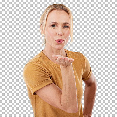 Buy stock photo Isolated woman, blow kiss and portrait with hand for romance, care or love by transparent png background. Girl, person and pout lips for emoji, sign or icon to flirt, kindness or gesture with mouth