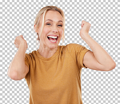 Excited, winner and winning senior woman cheering for a prize isolated against a pink studio background happy and smile. Portrait, celebration and elderly female celebrate win feeling cheerful