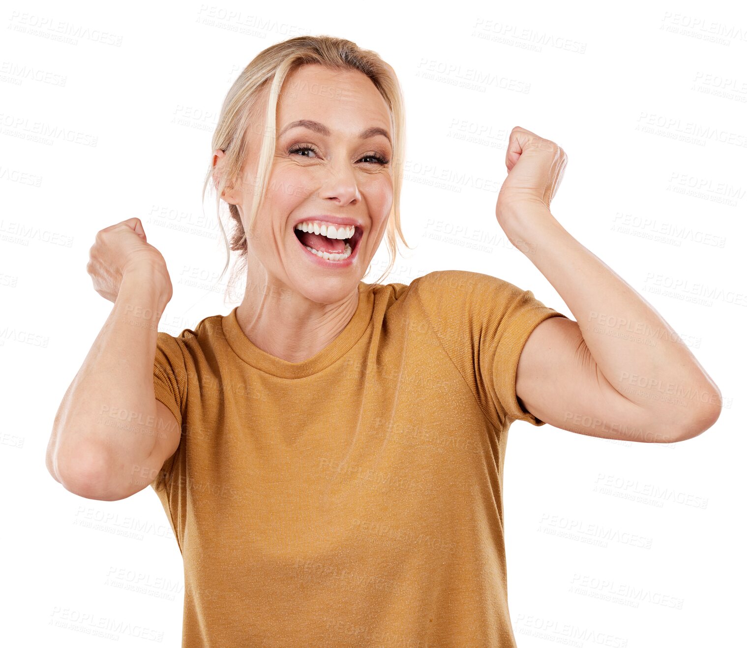 Buy stock photo Isolated woman, fist celebration and portrait with excited smile for success by transparent png background. Winner, person and hands for cheers, goal or achievement with prize giveaway in competition