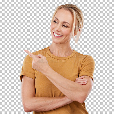 Buy stock photo Mockup, happy woman or pointing to promotion, announcement or advertising on png background. Transparent, smile or product placement marketing of promotion, service or commercial space for review