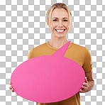 Speech bubble, woman and portrait on pink background for mockup advertising, communication and review. Happy female model, thought poster and voice for marketing space, feedback and product placement