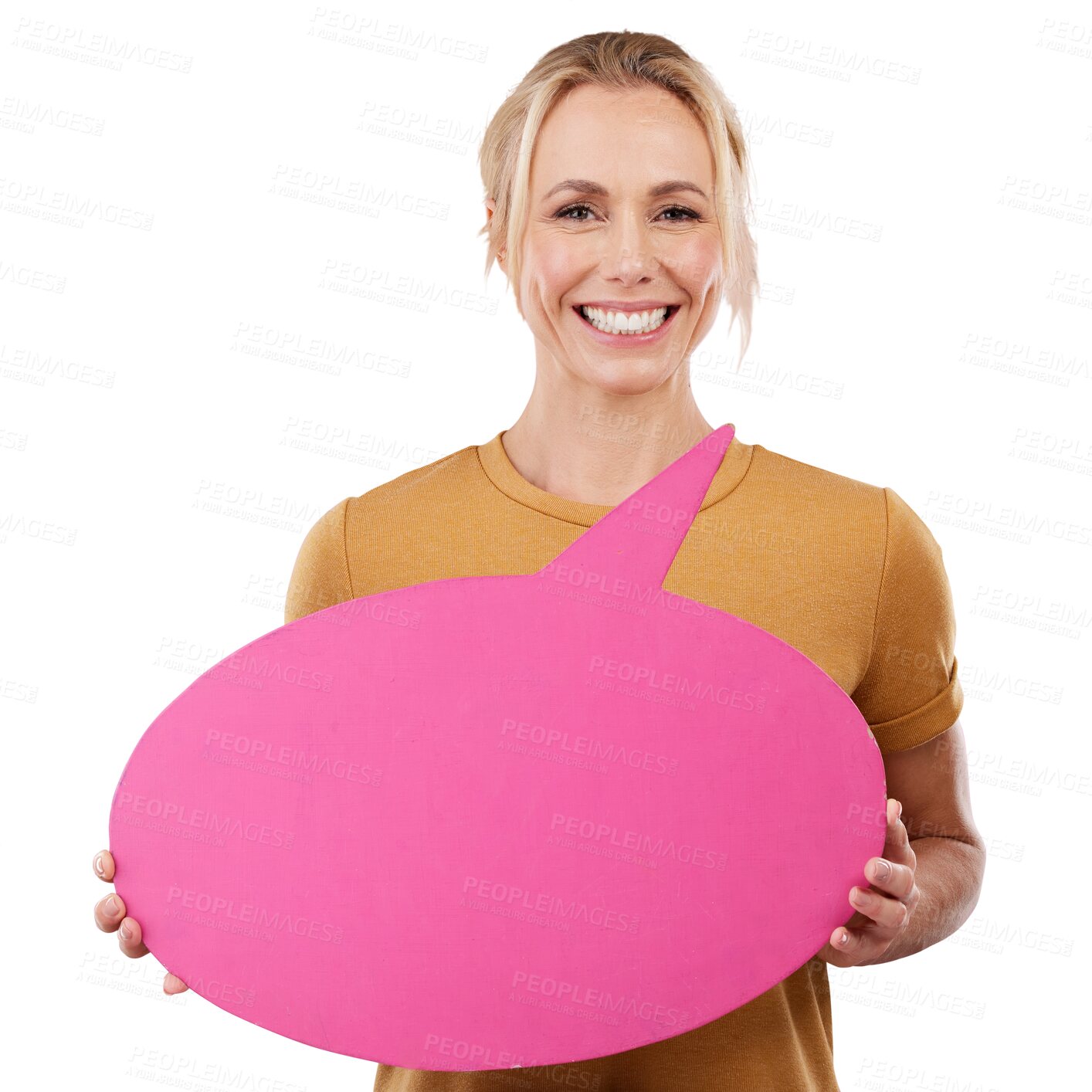 Buy stock photo Isolated woman, speech bubble and portrait for opinion, quote or idea by transparent png background. Girl, poster or smile on social media for feedback, faq or voice for forum, mockup space or review