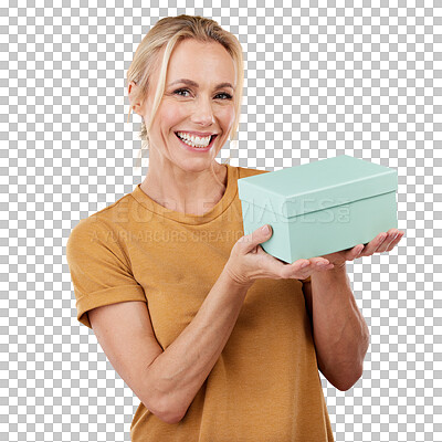 Buy stock photo Isolated woman, present or box in portrait, smile and pride on birthday by transparent png background. Girl, gift and happy for cardboard package for prize, giveaway and competition with winning