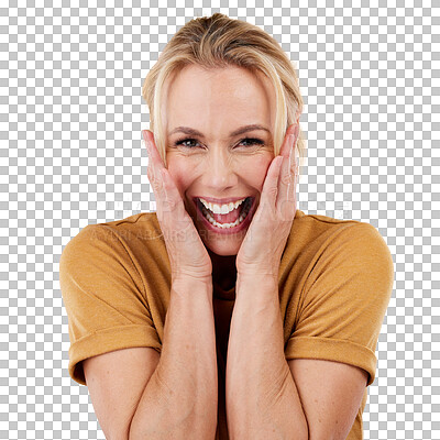 Buy stock photo Portrait, surprise and an excited woman with a happy expression isolated on a transparent background for good news. Face, wow and reaction with a person in shock on PNG as the winner of a deal