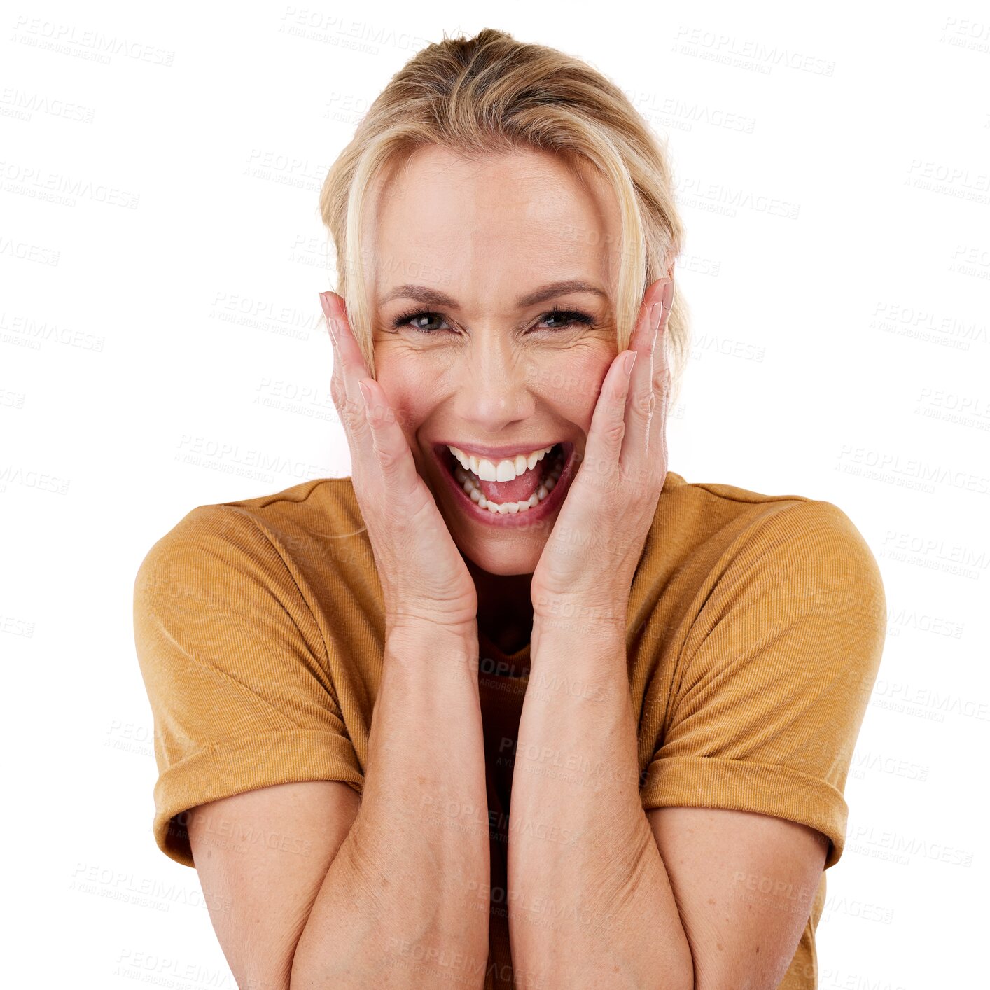 Buy stock photo Portrait, surprise and an excited woman with a happy expression isolated on a transparent background for good news. Face, wow and reaction with a person in shock on PNG as the winner of a deal