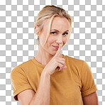 Secret, portrait and woman with lips on finger in studio, pink background and privacy. Female model with silence gesture on mouth for quiet, shush hands and gossip for whisper, silent emoji and smile