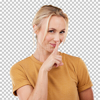 Buy stock photo Woman, portrait and finger on lips for secret, announcement or news by transparent png background. Isolated girl, silence icon and drama with story, gossip or sign for privacy with whisper for deal